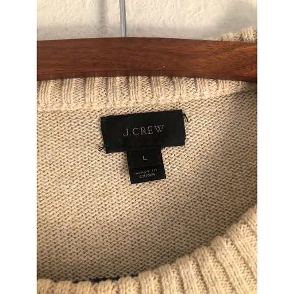 J Crew Mens Beige Navy Stripe Crewneck Long Sleeve Pullover Sweater Wool Blend L - Picture 3 of 6